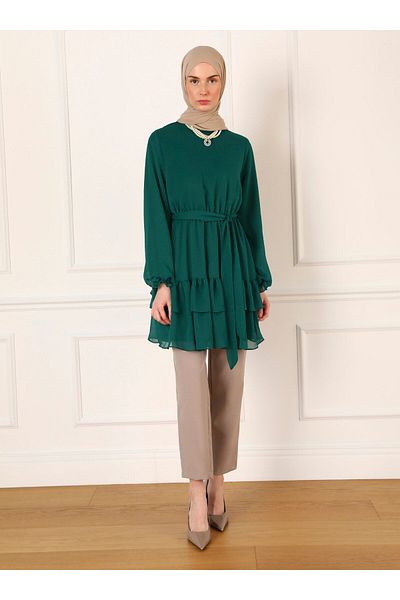 Refka Emerald Green Chiffon Tunic - Layered Lacing Detail - Refka