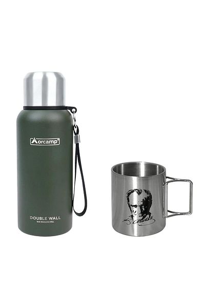 Orcamp Green Steel Thermos - 0.50 Lt, Folding Handle, Ataturk 180 ml Mug, Out-1800