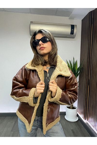 hazelin Women's Brown Fur Lined Button Faux Leather Coat Hzl23W-Brc 129331