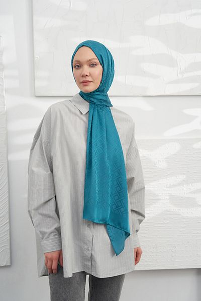 ARMANDA ŞAL ITALIAN JACQUARD CU MODEL GEOMETRIC - ALBASTRU PETROL