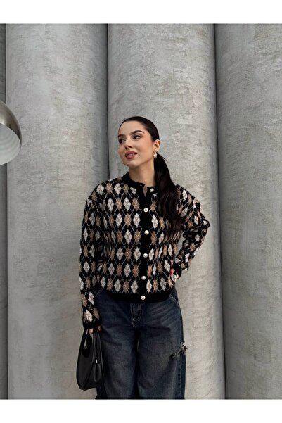 İLKCET MODA Pletený dámský kardigan se vzorem Pitikare