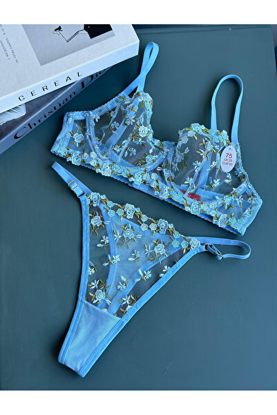 Lingerie Mavi  Çıtır Desen Brode Sütyen Külot Takımı