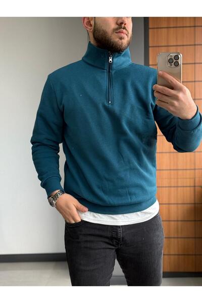 Altamira Μπλουζάκι Unisex Petrol Blue Stand γιακά με μισό φερμουάρ Oversize