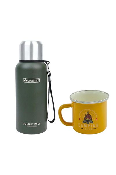 Orcamp Green Steel Thermos - 0.50 Lt, Out-5000 Enamel, Camping Cup 180 Ml, Yellow Orc-066-B-S2