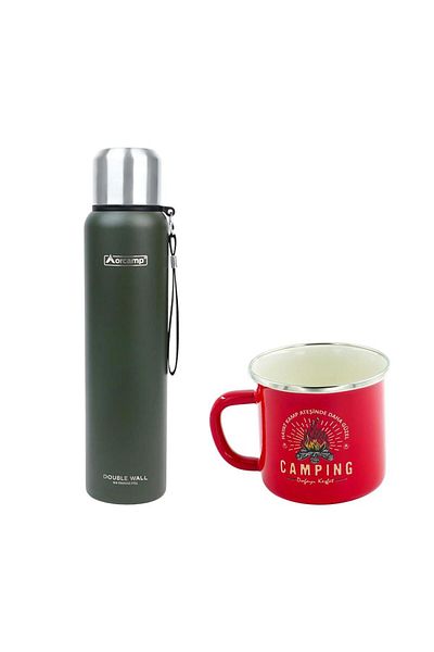Orcamp Green Steel Thermos - 1 Lt, Out-5050 Enamel, Camping 180 ml Mug, Red Orc-068-B-K2