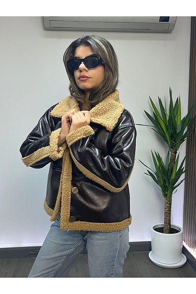 hazelin Bitter Brown Faux Leather Women's Coat with Fur Inside and Buttons Hzl23W-Brc 129331