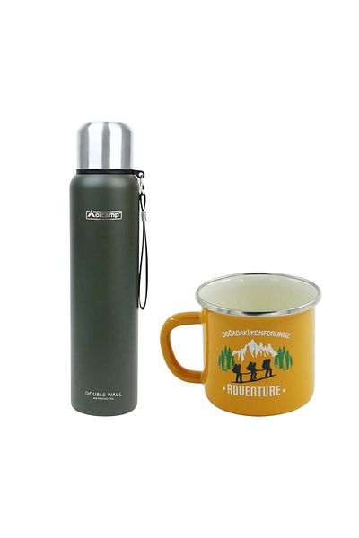Orcamp Green 1 Lt Steel Thermos - Out-5050 Enameled Adventure, 180 ml Yellow Mug - Orc-068-B-S1