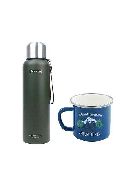 Orcamp 1.5 Lt Green Steel Thermos - Enameled Adventure 180 ml Blue Mug, Out-1900
