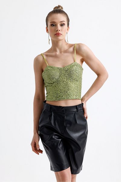 Sense Παγιέτες Bustier με Πράσινο Φιστίκι Gloplu - Πίσω Φερμουάρ BST33154