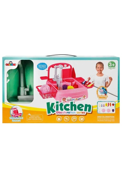 Doğan Oyuncak Dünyası Pembe Su Akıtan Mutfak Lavabosu Seti - Çeşmeli Sesli Lavabo - Mutfak Seti - Su Akan Musluk - Akan Mu