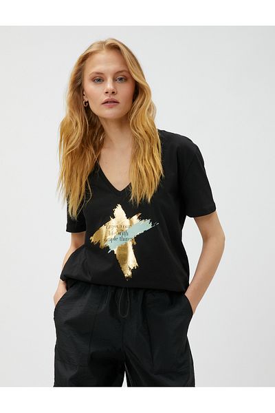 Koton Bright Printed T-Shirt V-Neck Cotton