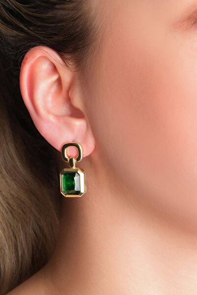 So CHIC... Zümrüt Yeşili 18 Ayar Sarı Altın Kaplama Gümüş Küpe