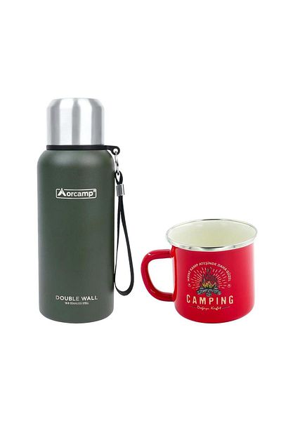 Orcamp Green Steel Thermos - 0.50 Lt, Out-5000 Enamel, Camping 180 ml Mug, Red Orc-066-B-K2