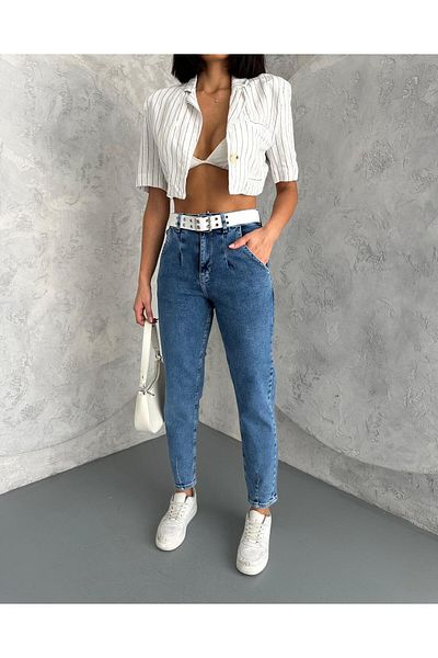 Zeo Basic Pleated Balloon Fit Blue Jeans