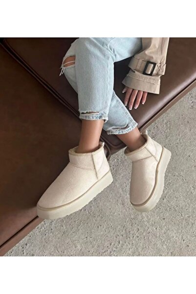 Moda1001 ipek kadın yarım içi tüylü süet peluş bot