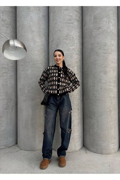 İLKCET MODA Γυναικεία ζακέτα με μοτίβο Pitikare