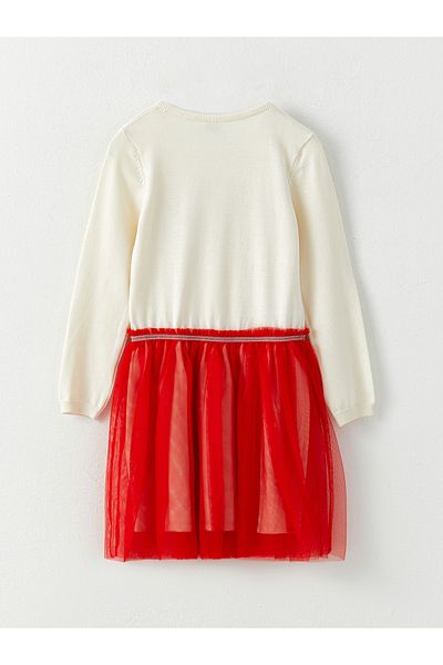 LC Waikiki Langärmliges Strickkleid für Mädchen mit Rundhalsausschnitt und Neujahrsmotiv