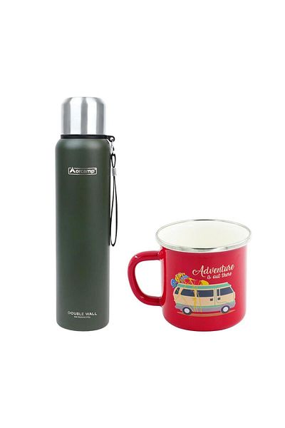 Orcamp 1 Lt Green Steel Thermos - Out-5050 Enameled Caravan, 180 ml Mug, Red Orc-068-B-K3