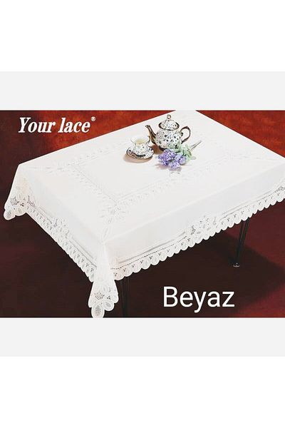 Blue Home Față de masă de bucătărie din pânză uleioasă din pânză uleioasă cu aspect de dantelă cu motiv floral alb 140 cm x 180 cm ALB