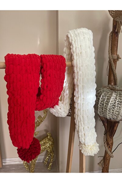 örgü Yumoş el örgüsü ponponlu atkı 210 cm