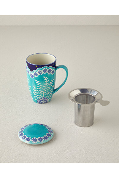 English Home Magnus Seramik Süzgeçli ve Kapaklı Kupa 450 ml Mavi