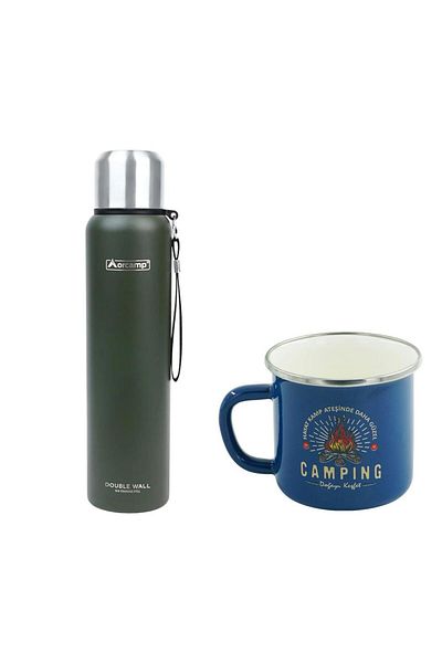 Orcamp 1 Lt Green Steel Thermos - Out-5050 Enamel, 180 ml Mug, Blue Orc-068-B-M2