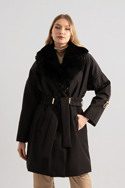 ŞEYDA ERTEM KABAN YAKASI KÜRKLÜ SİYAH RENK