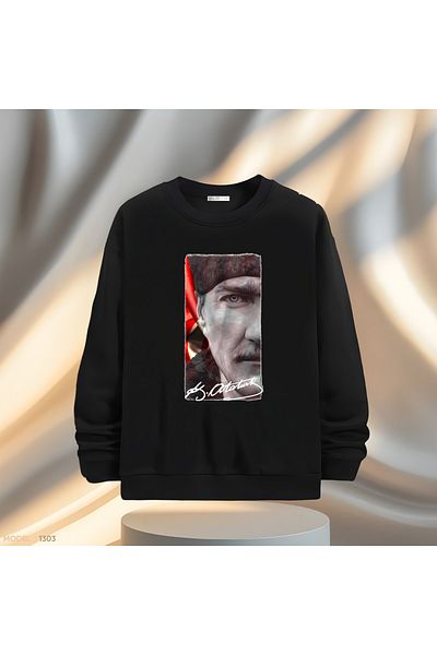 Gölge Store Ανδρικό γυναικείο φούτερ με λαιμόκοψη με φόντο και υπογραφή του Ατατούρκ