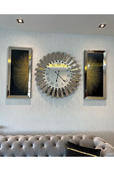 Armoni 3’LÜ BRONZ AYNALI PİYANO SAAT VE TABLOLAR SET(65*65CM SAAT 30*70 CM TABLOLAR)