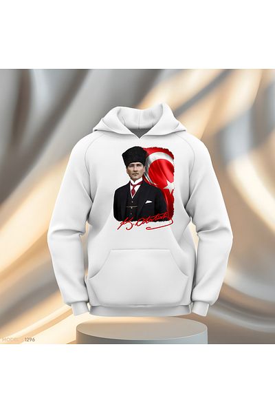 Gölge Store Ataturk and Turkish Flag Detailed Slimfit Hooded Hoodie Men's Women's Sweatshirt