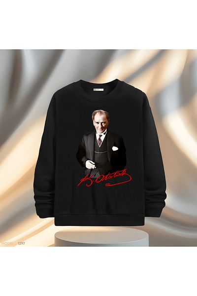 Gölge Store Мъжки/дамски суитшърт Slimfit с кръгло деколте и подпис на Ататюрк