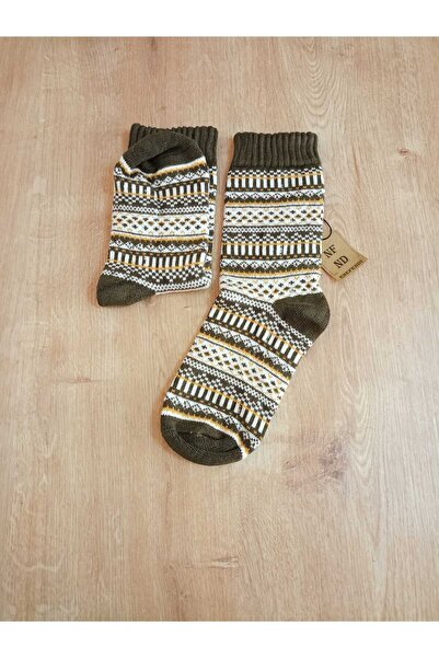 ENEFENDİ Winter with Towels Soft Warm Christmas Motif Patterned Ethnic Women's Socks Cotton Khaki White Socks