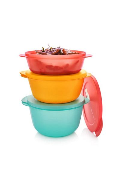 Tupperware 3-Piece Dishwasher and Microwave Safe Plastic Store Serve and Go Bowl Set Large