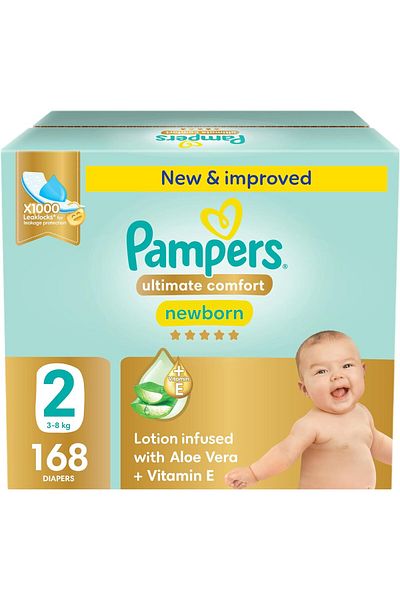 Pampers Ultimate Comfort Taped Diapers, Size 2, 3-8kg, Lotion infused with Aloe Vera and Vit E, 168