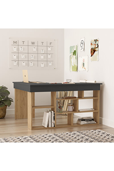 Yurudesign Tywin Kitaplık Raflı Çalışma Masası Sepet-Antrasit CT5-SA