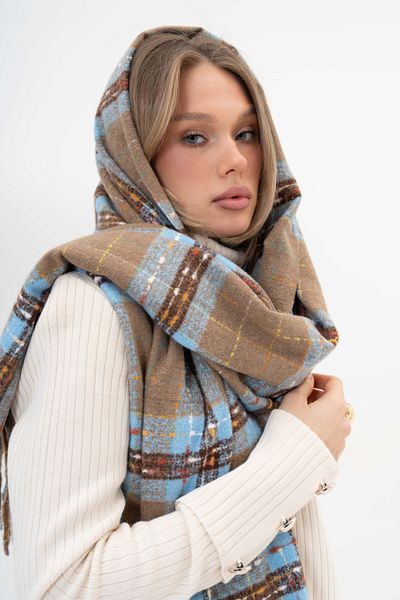 SOFT AKSESUAR Key Plaid Pattern Cashmere Wool Blended Scarf