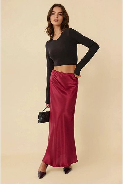 Hiccup Fusta maxi din satin cu talie elastică tăiată înclinat