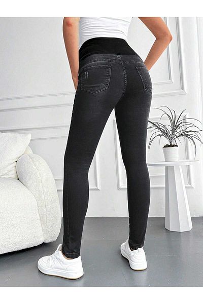 SHEVEGA Women's Smoked Maternity Stretchy Tummy Band Nail Slim Leg Jeans Pants
