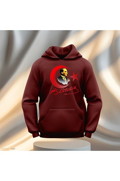Gölge Store Мъжки суитшърт с качулка, с прилепнал крой, с подписа на Ататюрк и Полумесеца