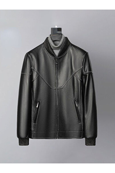 Defelli Erkek Siyah Magenta Hakiki Deri Mont-Ceket