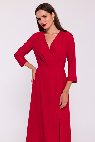 Stylove Dress with a wrap neckline and a slit at the bottom