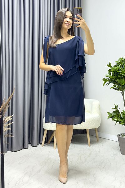 thezkscom WOMEN'S NAVY BLUE ONE SHOULDER TIE CHIFFON LARGE SIZE DRESS