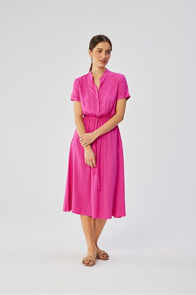 Stylove Viscose dress with a stand-up collar and tie at the waist