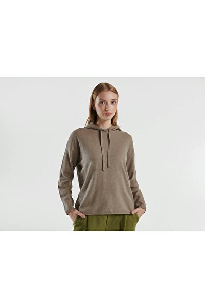 United Colors of Benetton Women's Beige Cashmere Blended Hooded Sweater