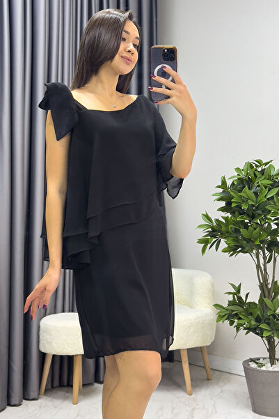 thezkscom WOMEN'S BLACK ONE SHOULDER TIE CHIFFON PLUS SIZE DRESS