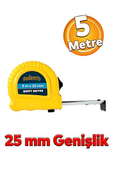 Badem10 Bandă metalică de înaltă calitate, 5 metri, 25 mm, pliabilă - măsurată cu carcasă de plastic cu butoane