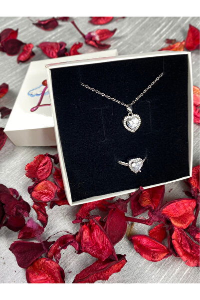 Brethils Sevgililer Günü Özel Kalpli Kolye ve Yüzük Set Zirkon Taş Gümüş Kapl...