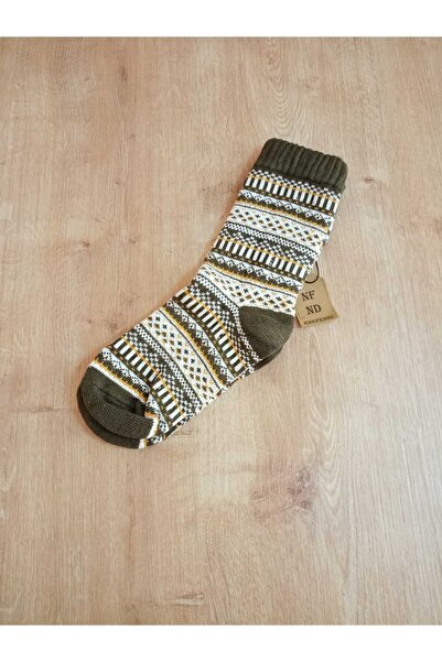 ENEFENDİ Winter with Towels Soft Warm Christmas Motif Patterned Ethnic Women's Socks Cotton Khaki White Socks
