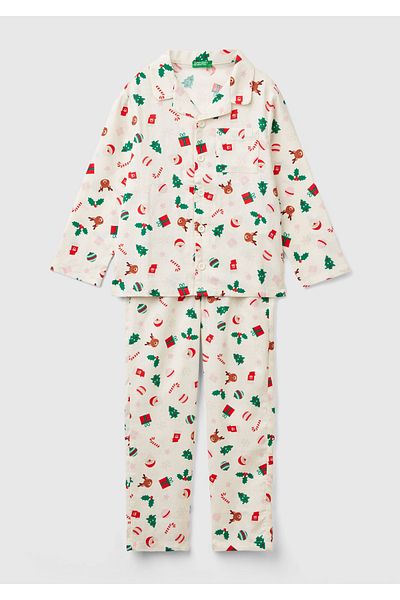United Colors of Benetton Set de pijamale pentru băieți, alb, cu modele, cu buzunare la piept și șase pijamale cu talie elastică