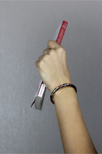 homet Gold Color Plated Steel Red, Blue and White Geometric Pattern Thin Bracelet (1 Pcs)